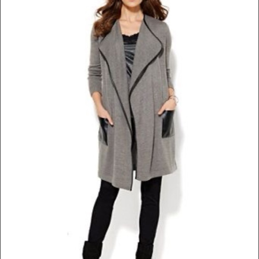 Faux-Leather Trim Flyaway Cardigan